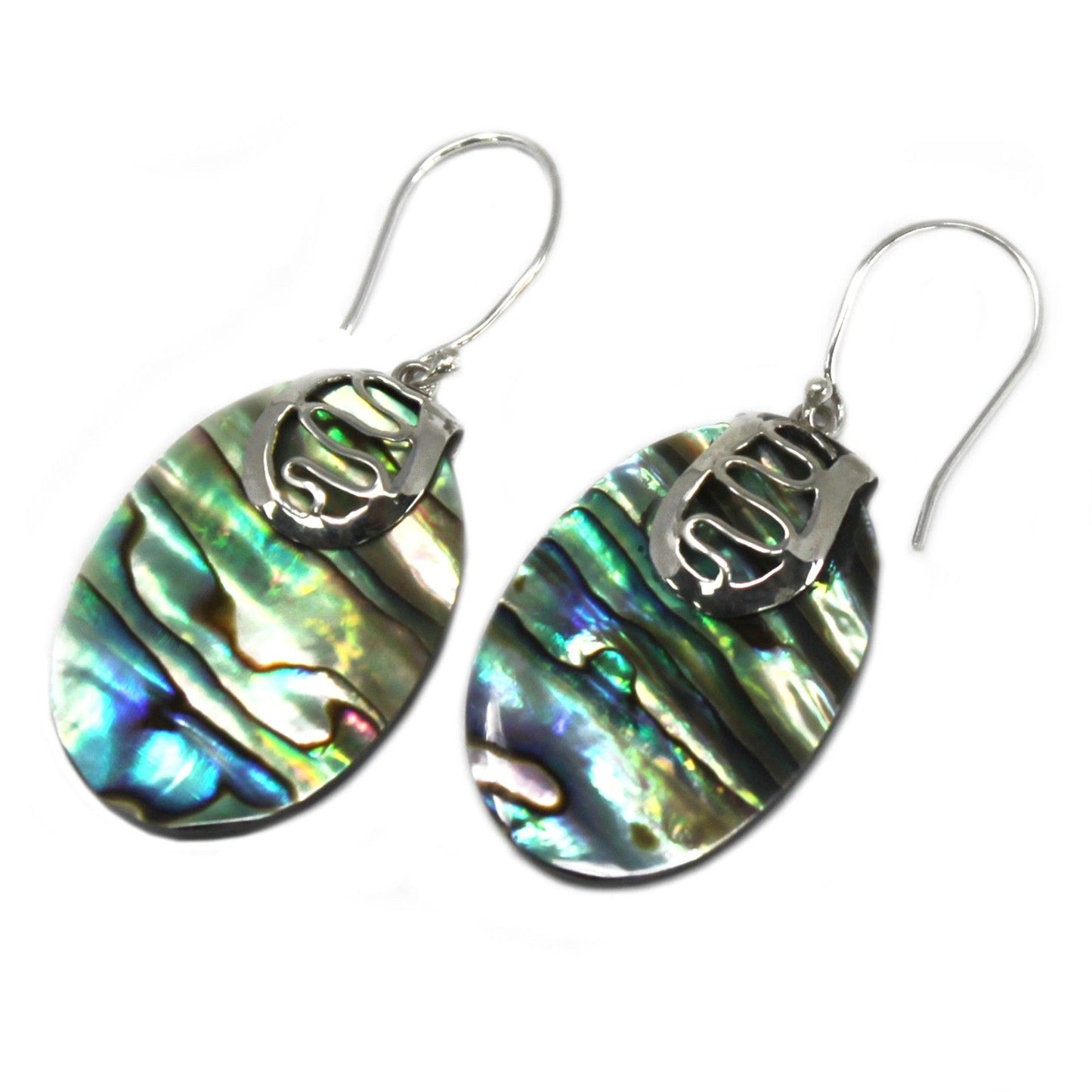 Handcrafted 925 silver earrings featuring iridescent blue and green abalone shell inlays.