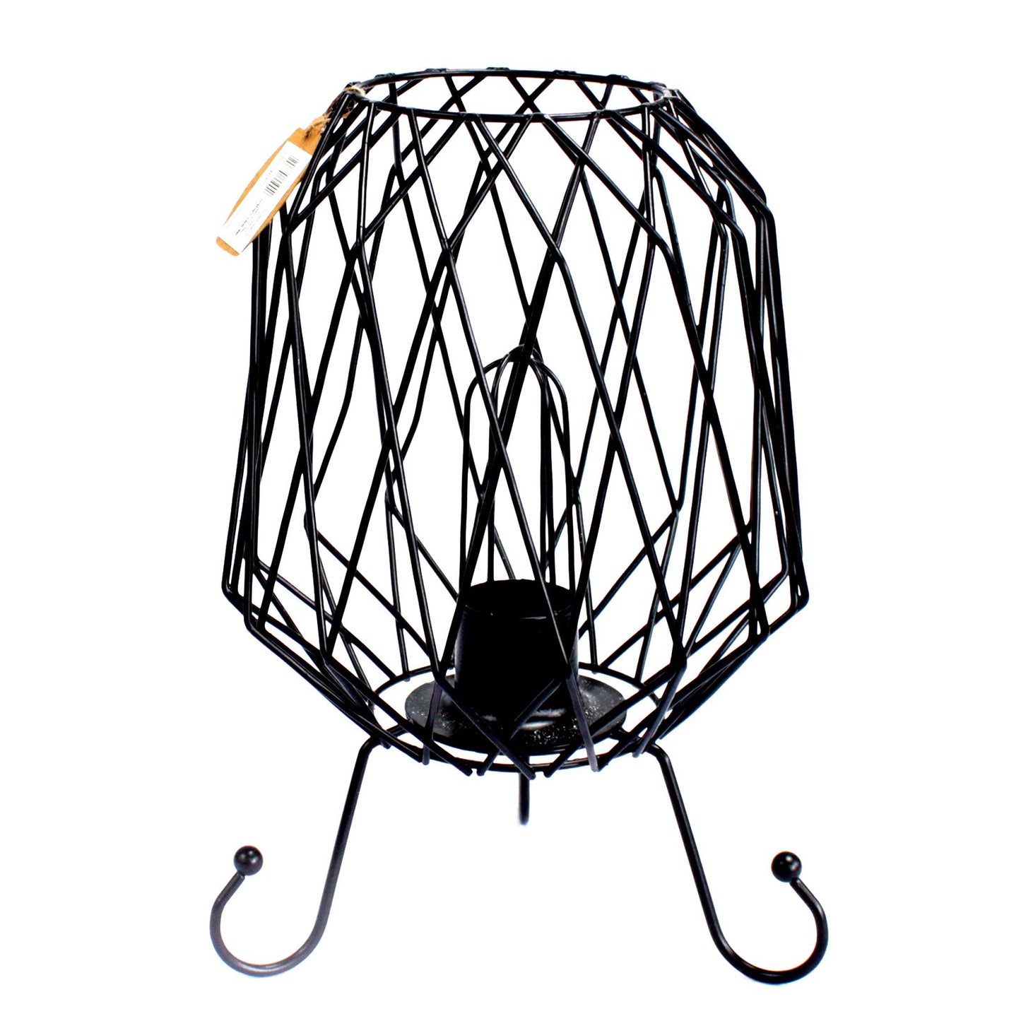 Industrial black mesh iron basket lamp filled with natural pink Himalayan salt rocks, glowing with warm ambient light.