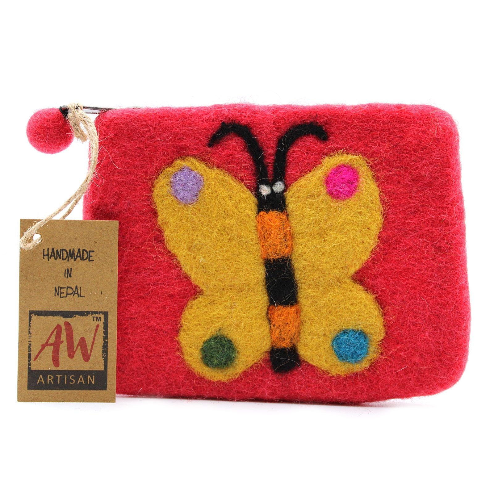 Handcrafted cream natural felt pouch featuring a vibrant colourful butterfly design and a secure top zipper.