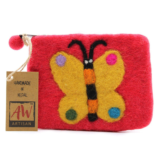 Handcrafted cream natural felt pouch featuring a vibrant colourful butterfly design and a secure top zipper.