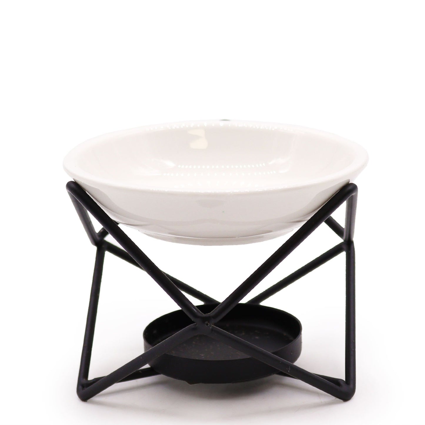 Modern hexagonal oil burner featuring a white ceramic bowl suspended in a geometric black metal frame.