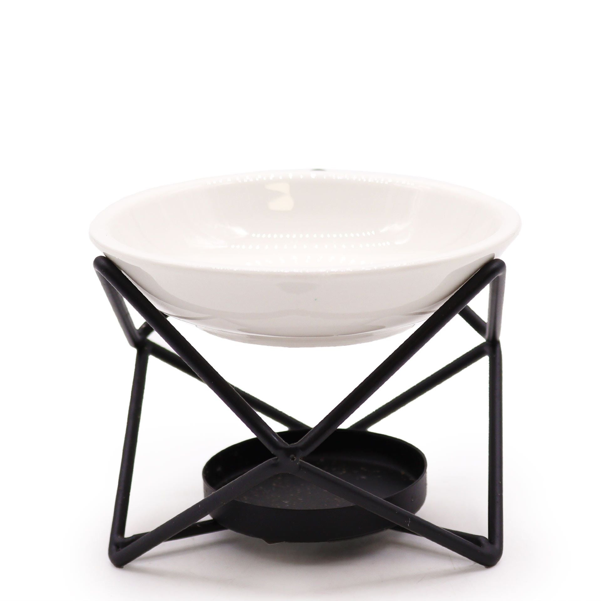 Modern hexagonal oil burner featuring a white ceramic bowl suspended in a geometric black metal frame.