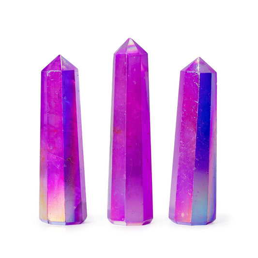 Tall purple iridescent quartz crystal obelisk point with shimmering rainbow tones and a polished finish.