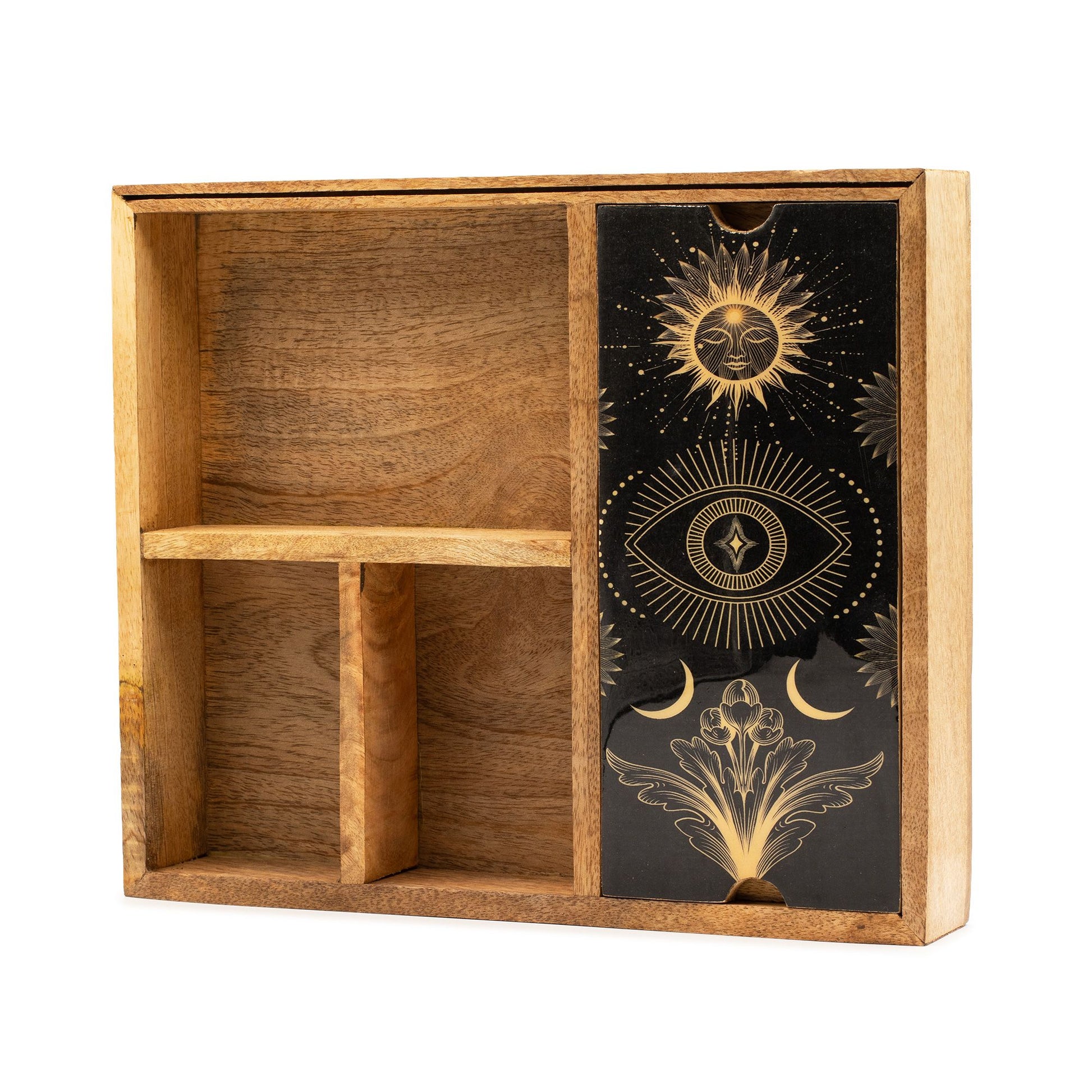 Handcrafted mango wood tarot box with four internal compartments and a built-in card holder on the lid.