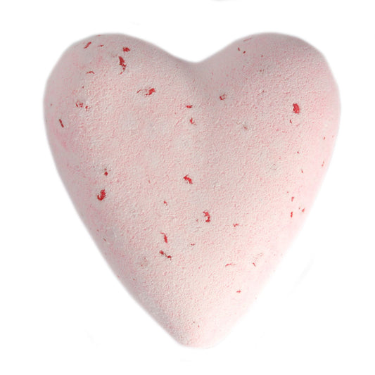 Large heart-shaped white bath bomb with delicate floral scent, dissolving in water for a relaxing spa experience.