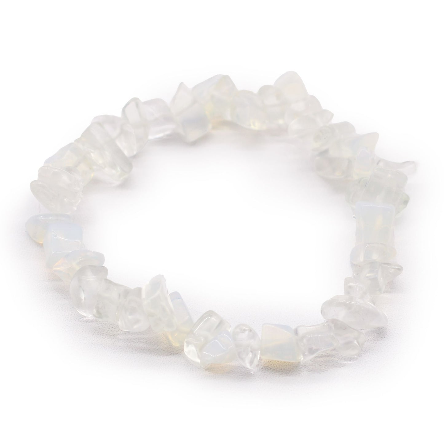 Delicate bracelet featuring polished milky-white opalite gemstone chips on a flexible elastic string.