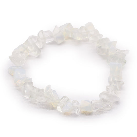 Delicate bracelet featuring polished milky-white opalite gemstone chips on a flexible elastic string.