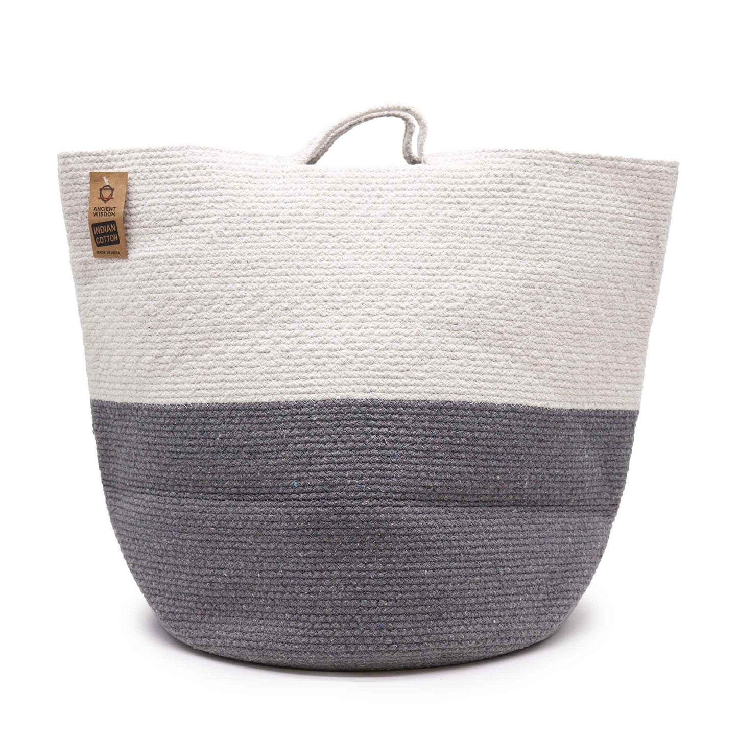 Large circular grey cotton rope storage basket with integrated handles and a minimalist woven texture.