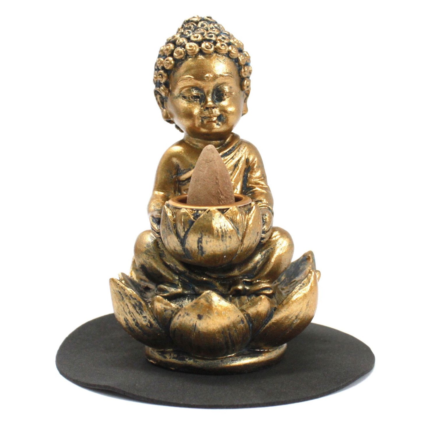 Detailed ceramic backflow incense burner featuring a seated Buddha figure atop a blooming lotus flower base.