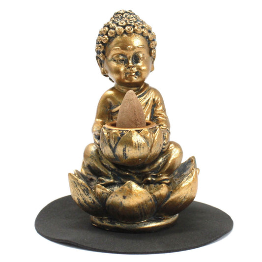 Detailed ceramic backflow incense burner featuring a seated Buddha figure atop a blooming lotus flower base.