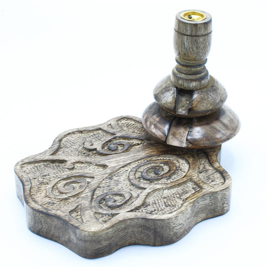 Round mango wood backflow incense burner featuring a detailed Tree of Life carving on the front.