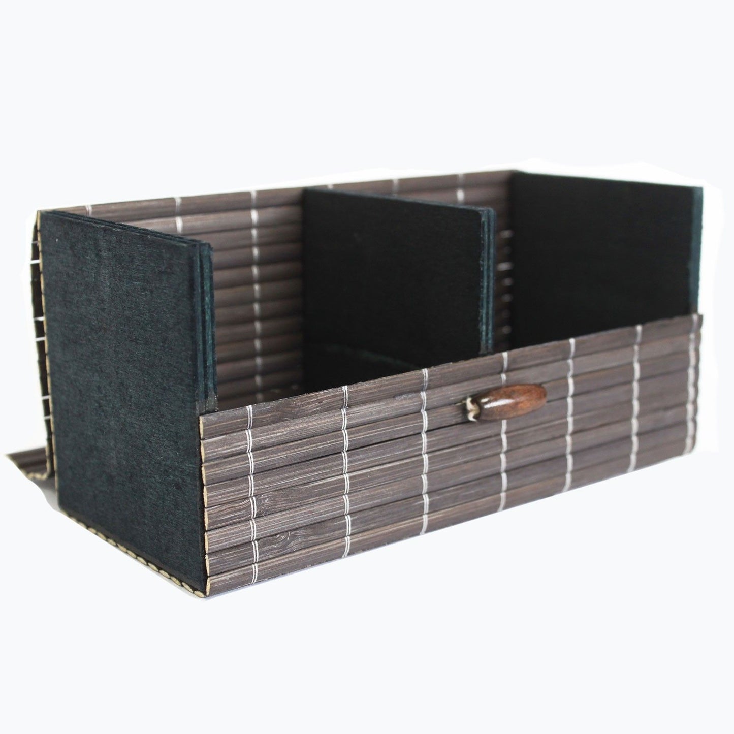 Handcrafted sustainable bamboo gift box with a slatted design and a lightweight natural wood finish.