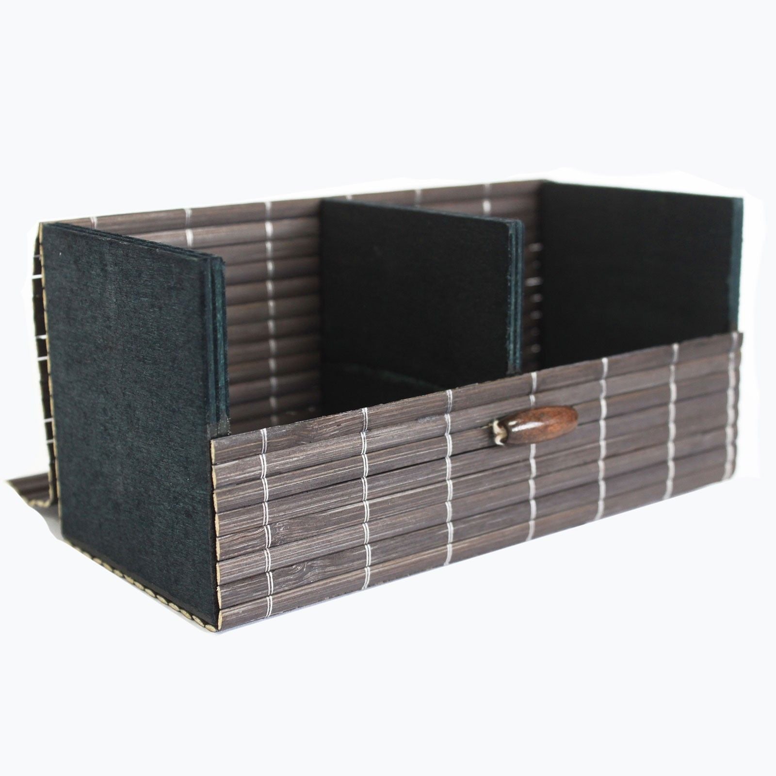 Handcrafted sustainable bamboo gift box with a slatted design and a lightweight natural wood finish.