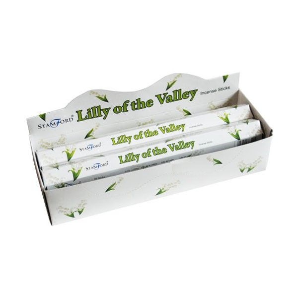 Hexagonal box of premium Lily of the Valley incense sticks featuring delicate white bell-shaped flowers.