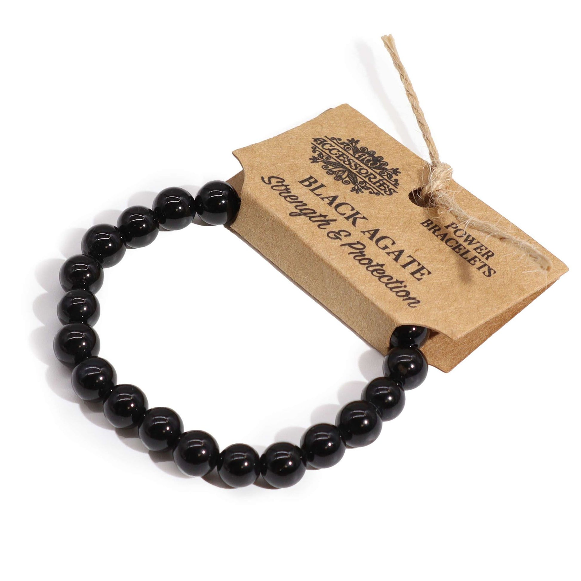 Handcrafted elasticated bracelet featuring smooth, polished black agate gemstone beads.