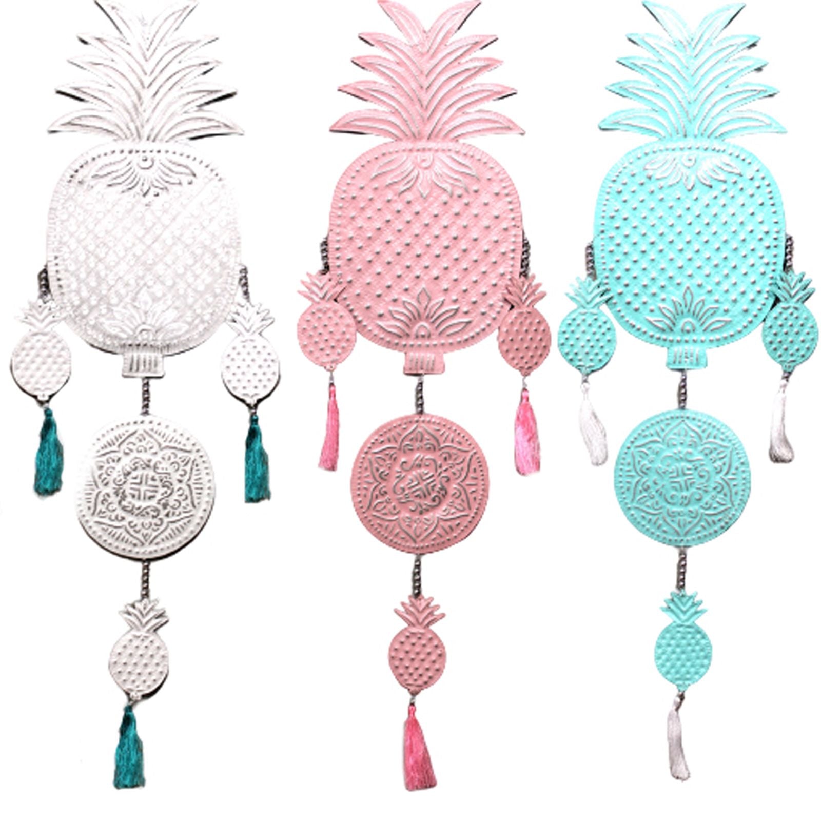 Colourful hanging aluminium mobile featuring multiple pineapple shapes in assorted vibrant metallic shades.