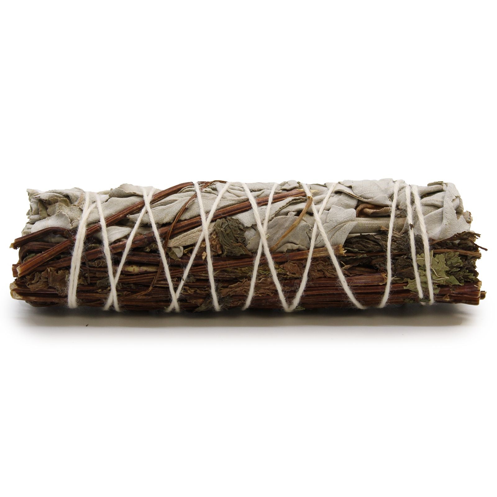 A hand-tied 10cm smudge stick bundle made of dried white sage leaves and peppermint sprigs.