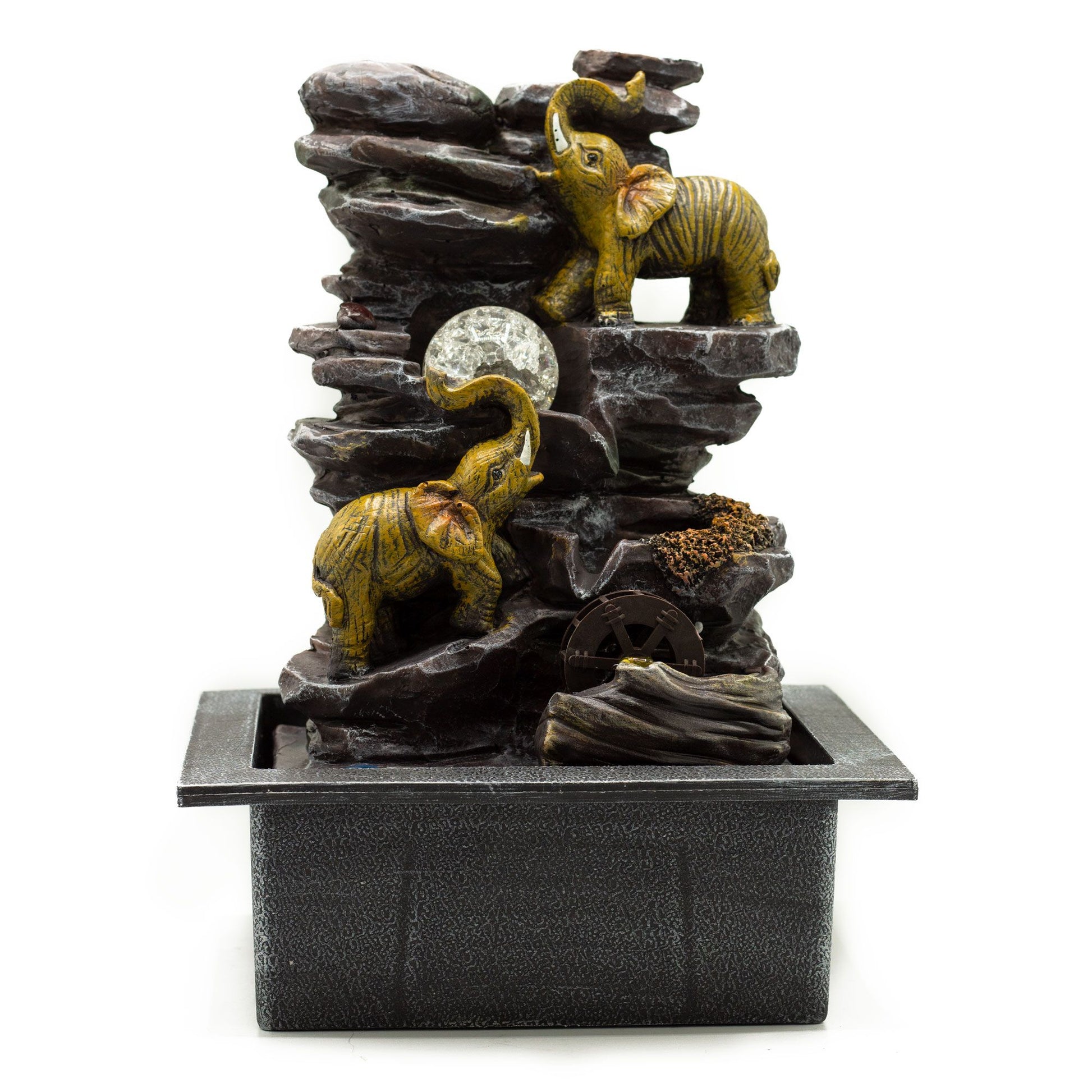 Detailed grey polyresin tabletop water feature with three elephants, a spinning crystal ball, and a moving water wheel.