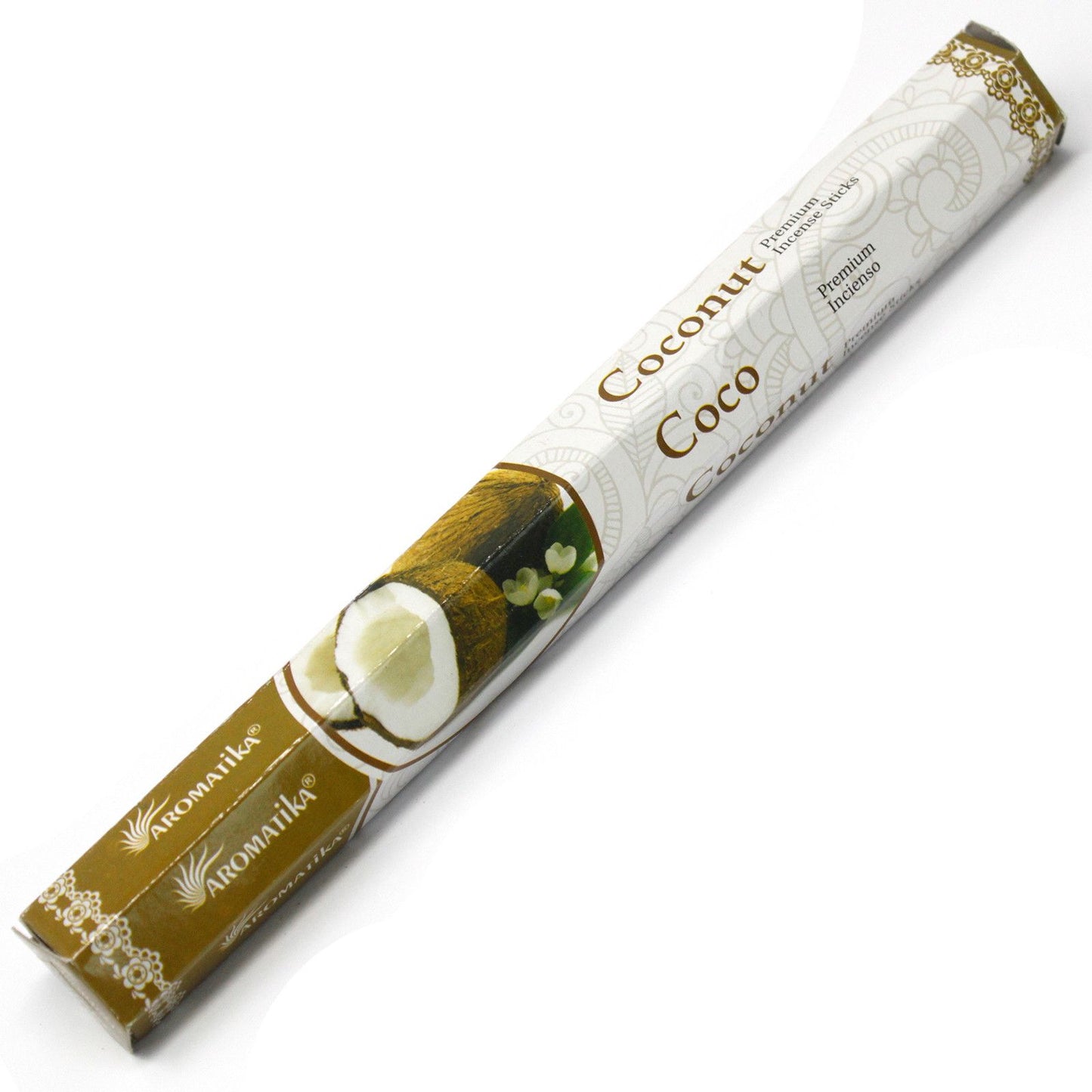 Hand-rolled natural masala incense sticks with a coconut fragrance, displayed in their traditional packaging.