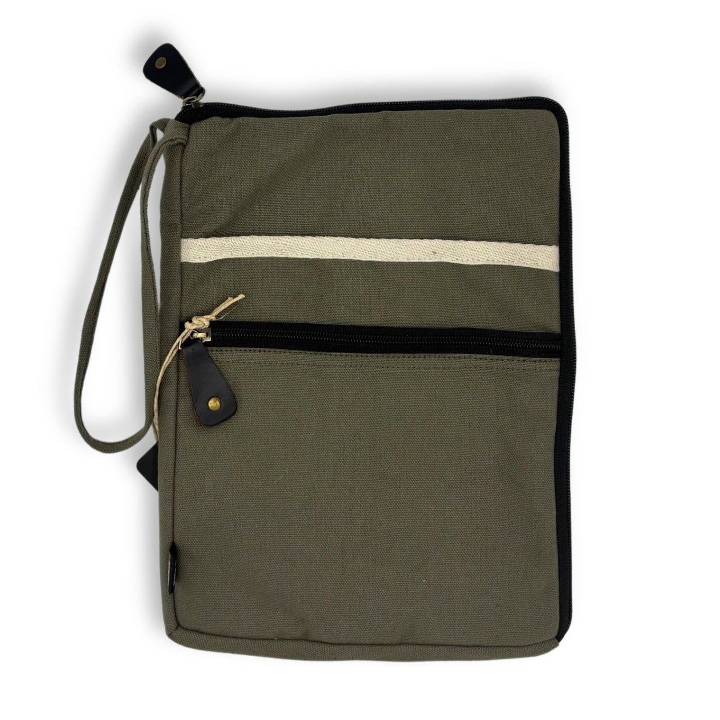 Minimalist olive green canvas laptop pouch with a slim, portable design and clean stitching.