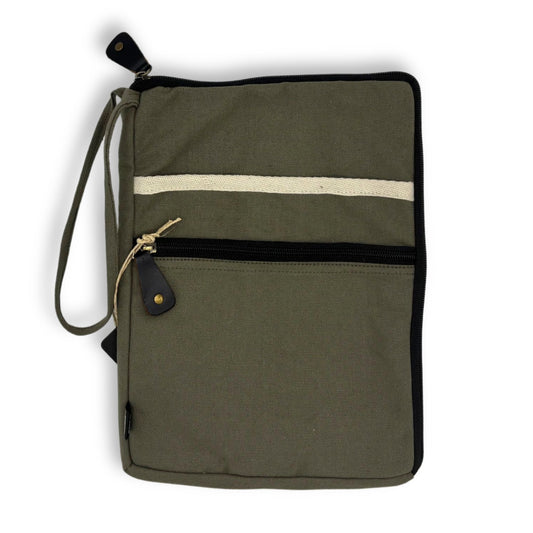 Minimalist olive green canvas laptop pouch with a slim, portable design and clean stitching.