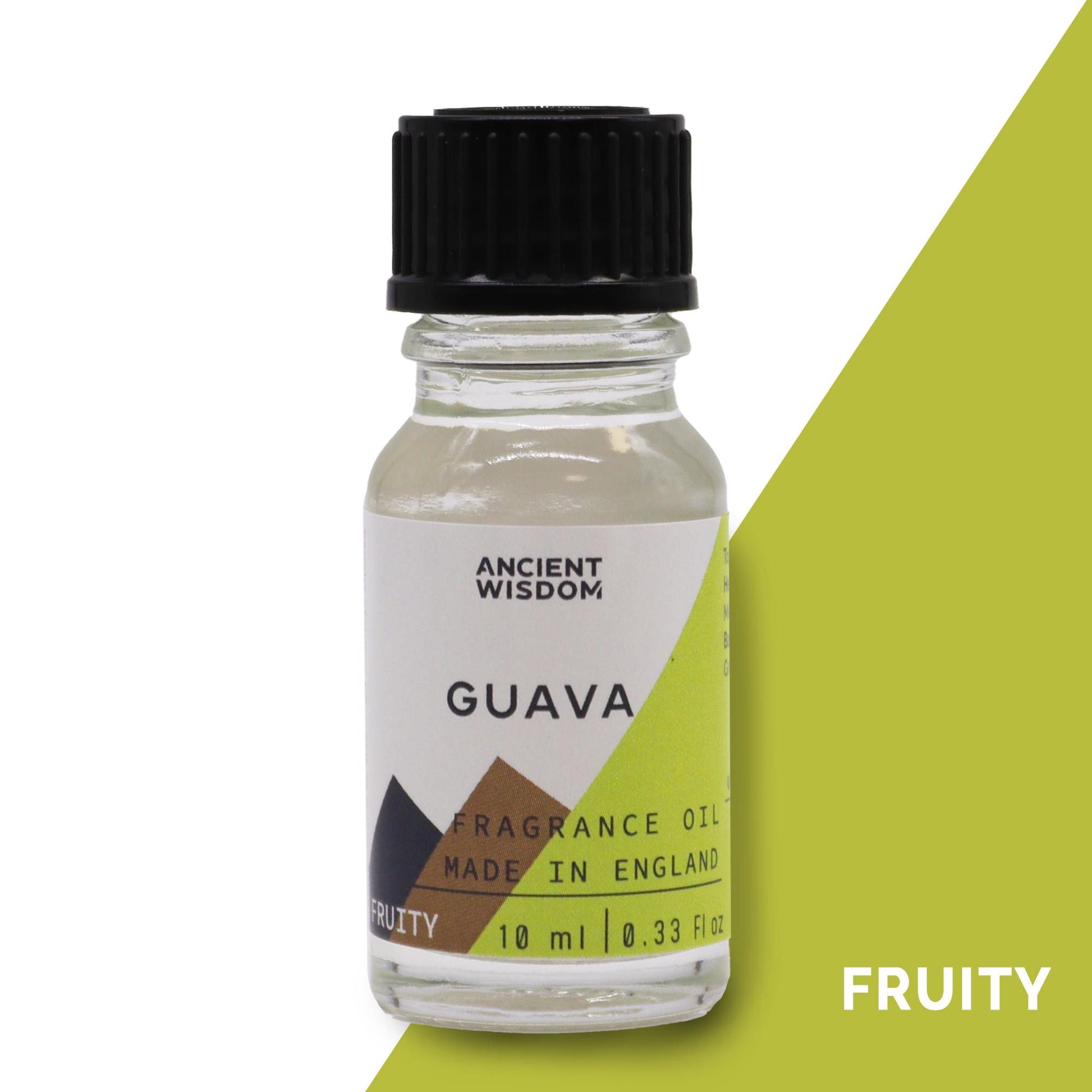 A 10ml amber glass bottle of guava fragrance oil with a simple white label and black dropper cap.