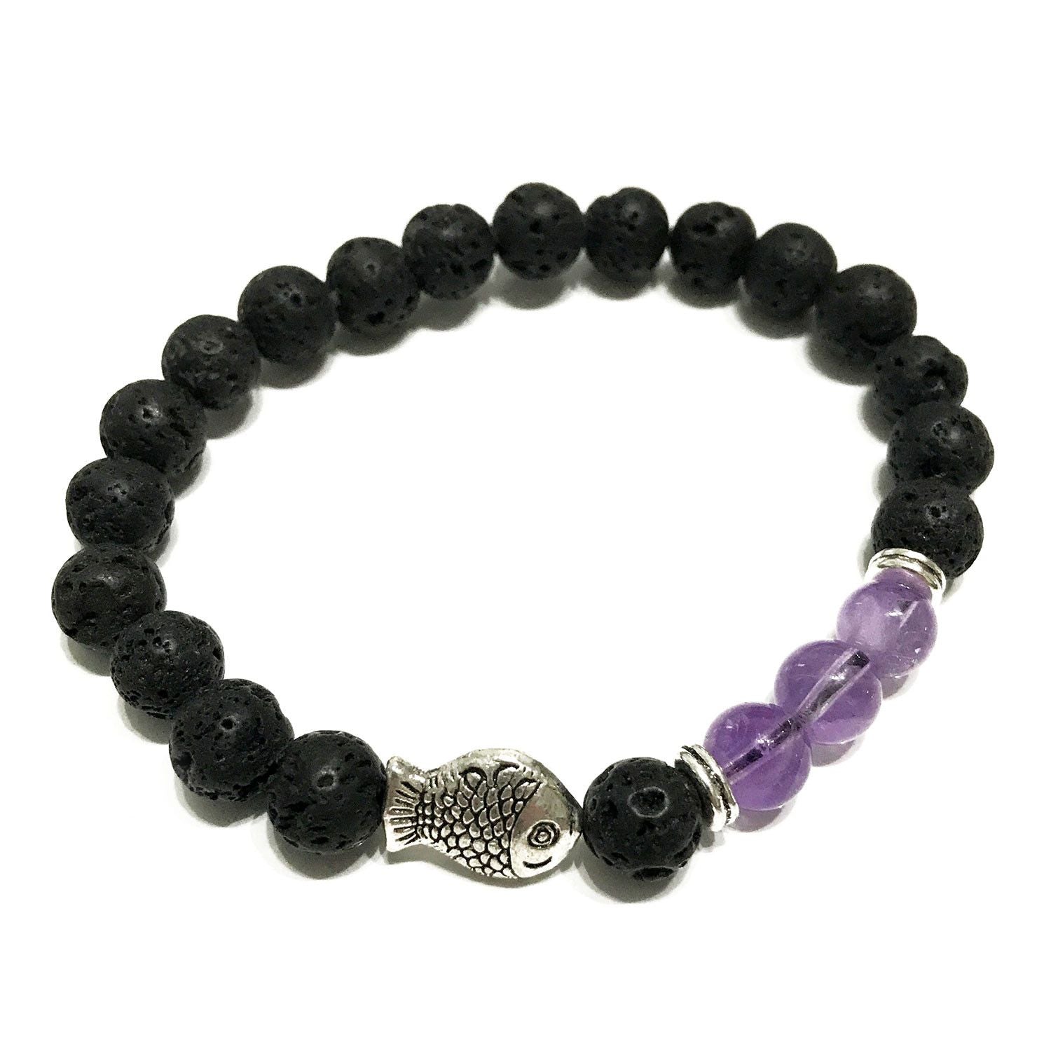 Handcrafted lava stone bead bracelet featuring purple amethyst gemstones and a silver-toned fish charm.