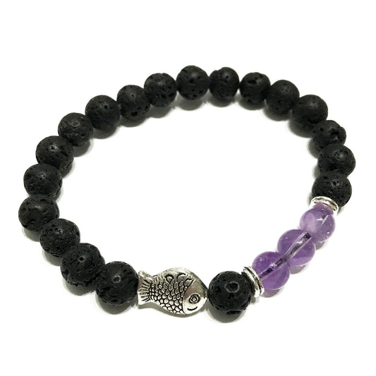 Handcrafted lava stone bead bracelet featuring purple amethyst gemstones and a silver-toned fish charm.