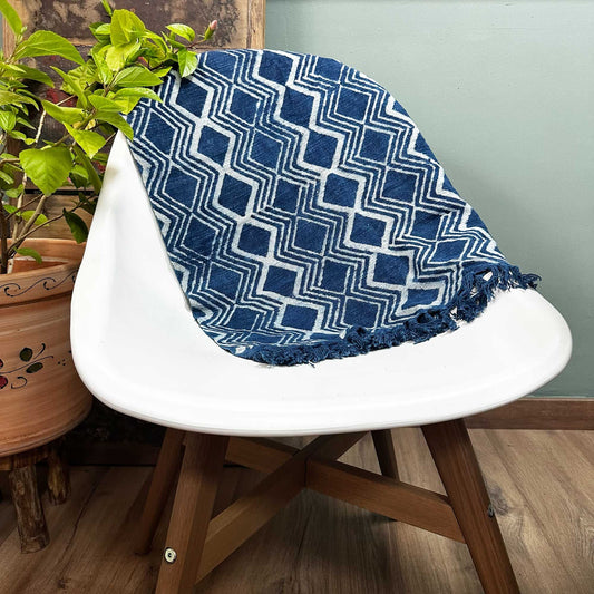 Handmade indigo blue runner rug with an intricate white geometric Heerak pattern across the fabric.