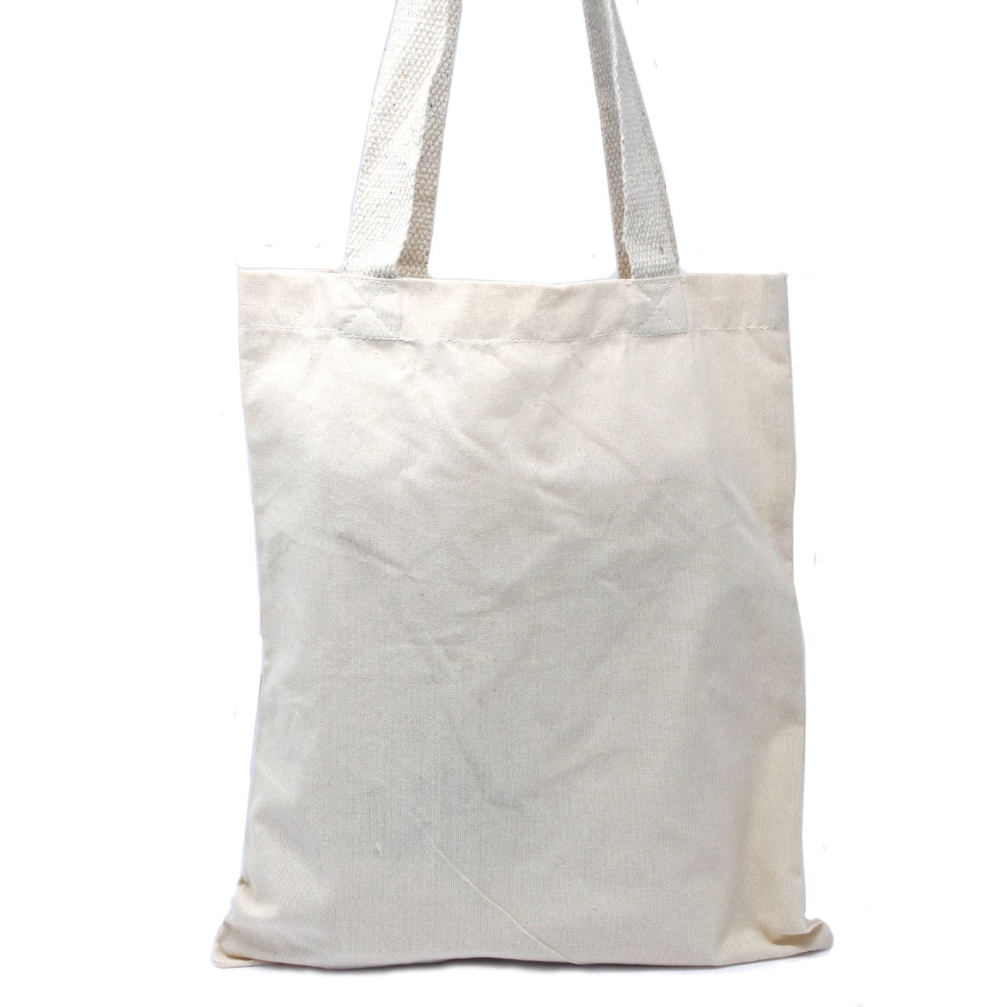 Simple medium-sized natural 6oz cotton tote bag with long and short handles on a plain background.