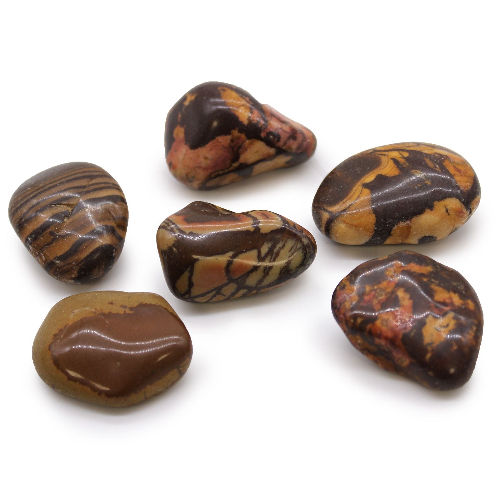 Smooth, polished large jasper tumble stones with unique brown, cream, and tan swirling patterns.