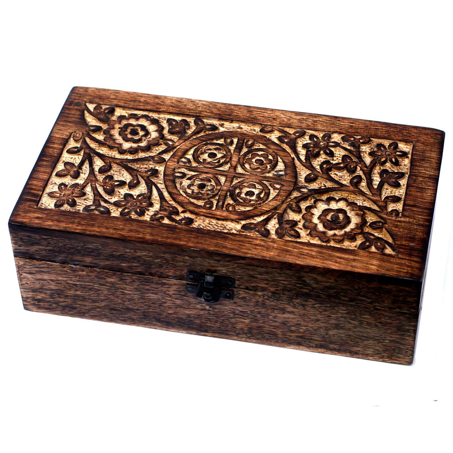 Hand-carved mango wood aromatherapy storage box with intricate floral designs and internal slots for essential oil bottles.