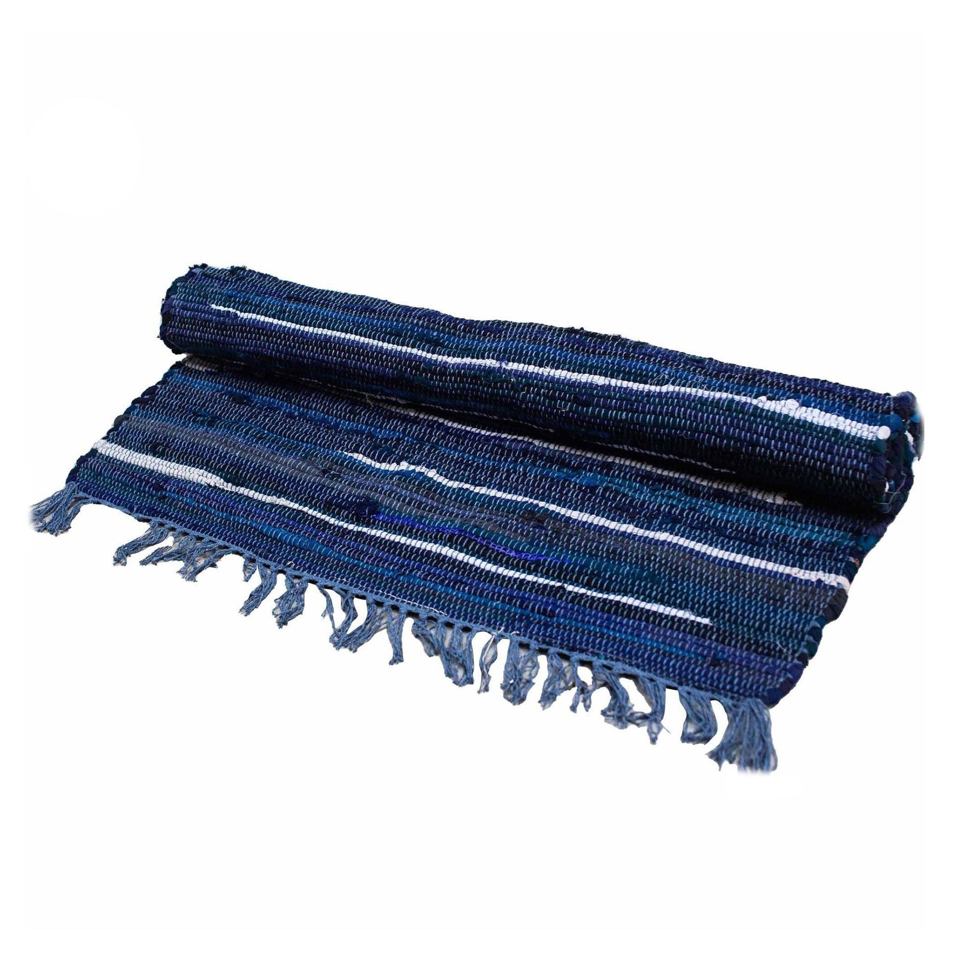 Large rectangular hand-woven rag rug in various shades of charcoal and dark grey, measuring 150x90cm.