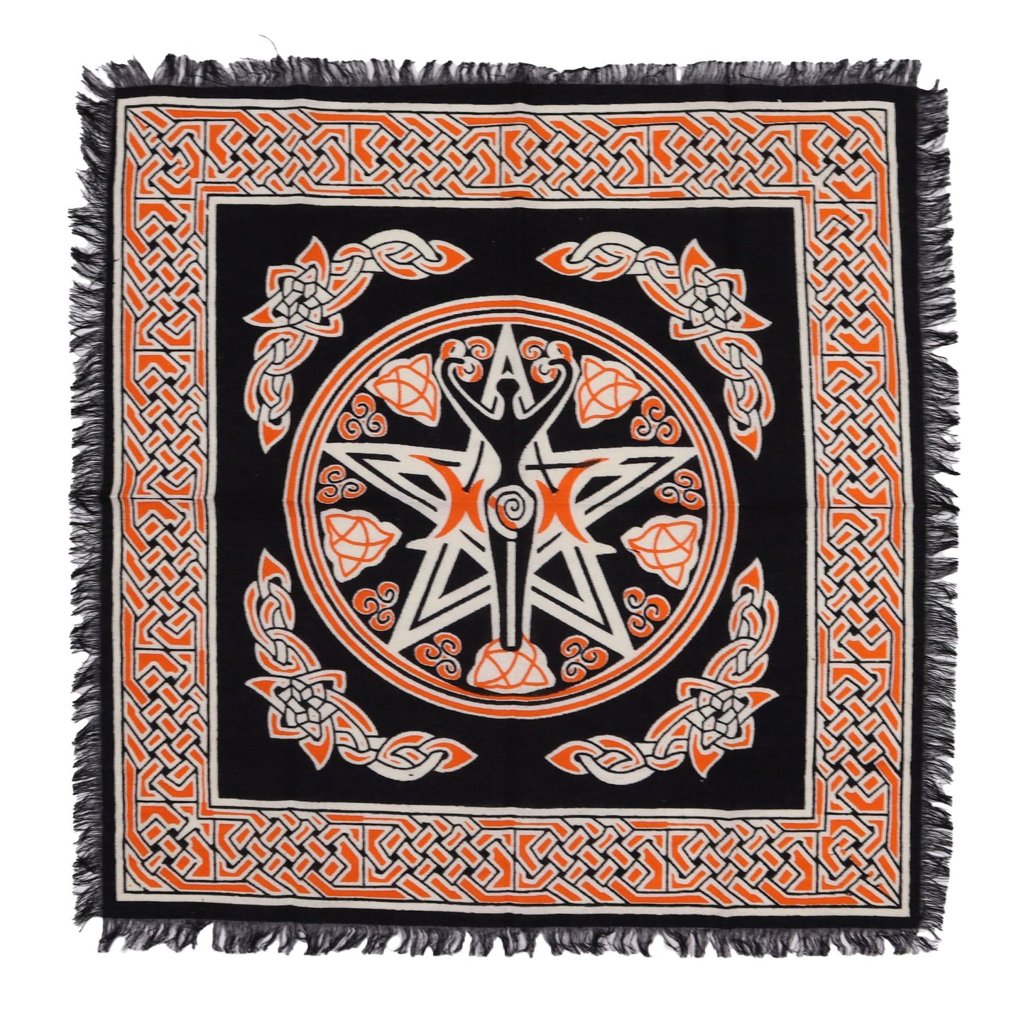 Square black altar cloth with a white Earth Mother goddess design and decorative fringed edges.