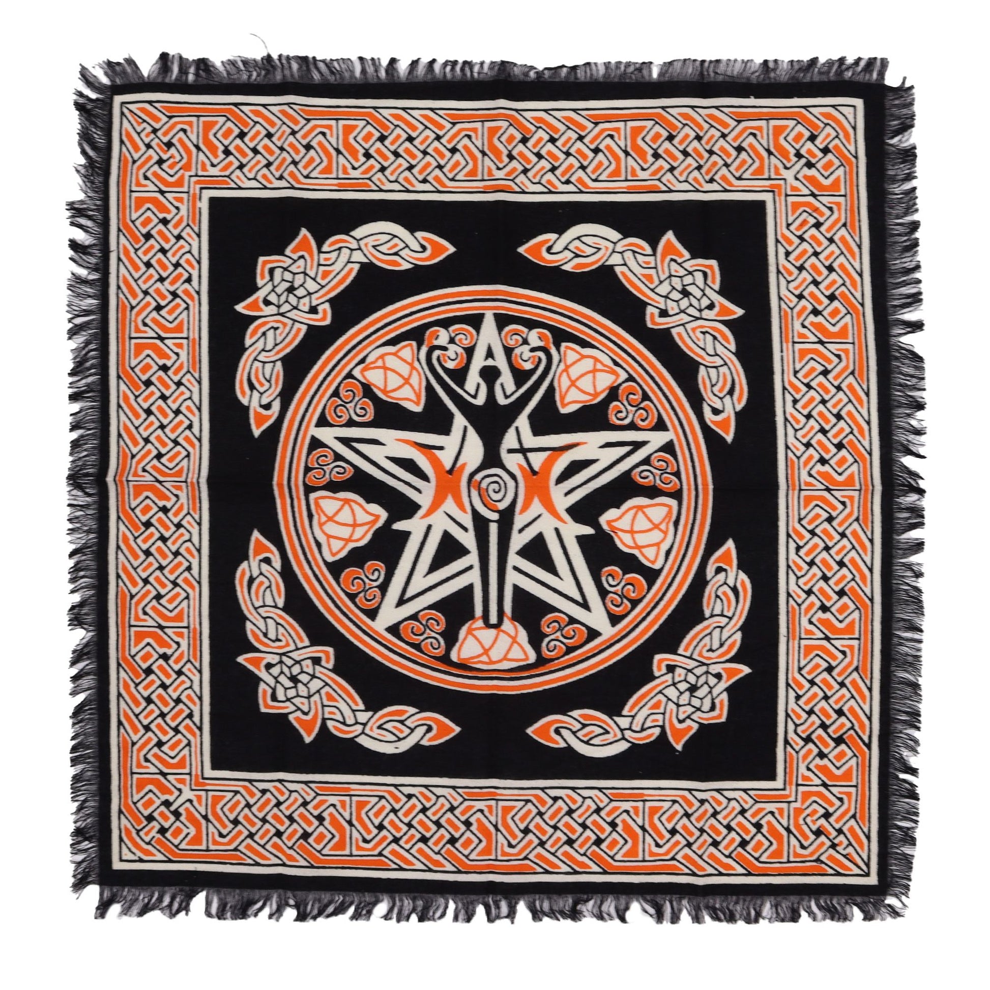 Square black altar cloth with a white Earth Mother goddess design and decorative fringed edges.