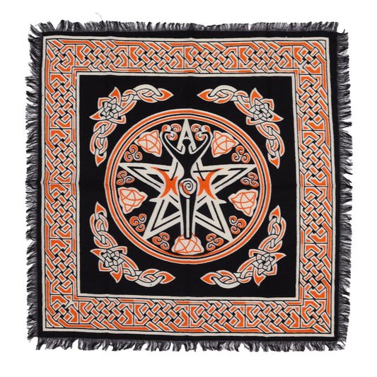 Square black altar cloth with a white Earth Mother goddess design and decorative fringed edges.