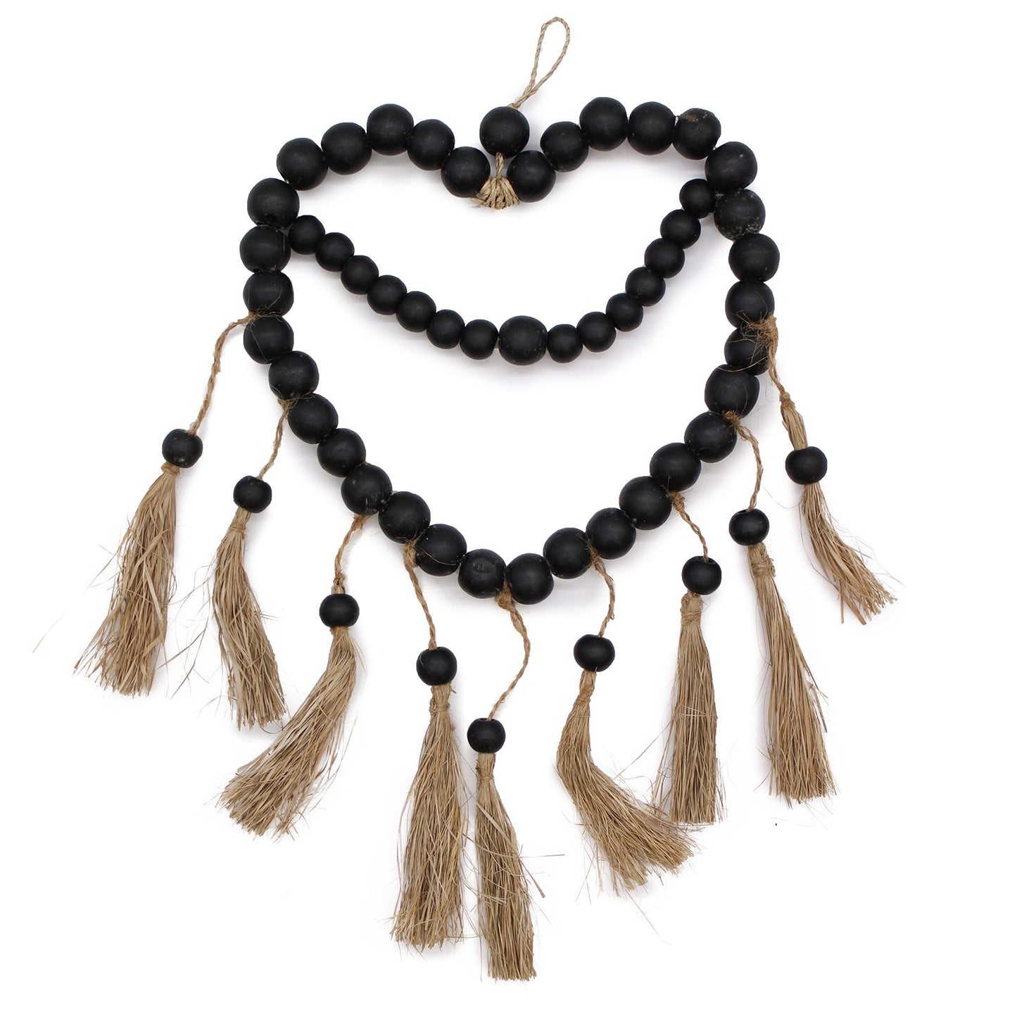 Large decorative heart-shaped mobile made from natural wooden beads hanging against a neutral background.