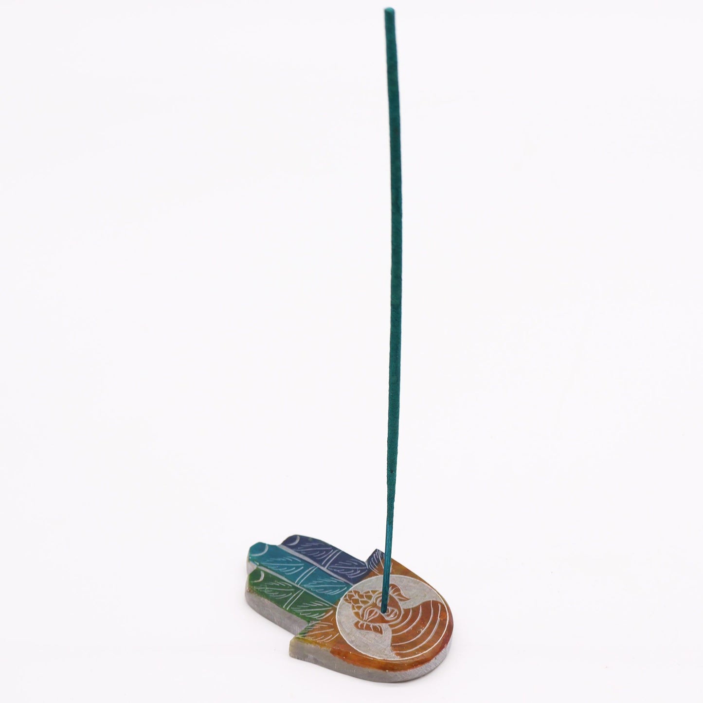 Hand-carved soapstone incense holder in a Hamsa hand shape with a detailed Buddha figure in the centre.