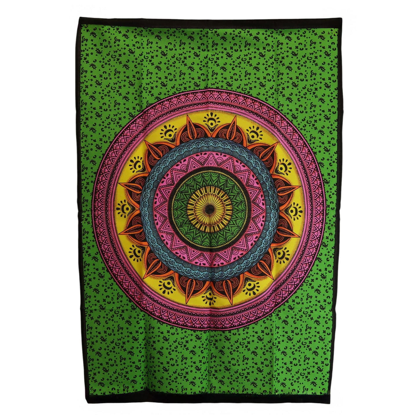 Vibrant colourful mandala wall hanging made of cotton with intricate patterns in green, pink, and orange.