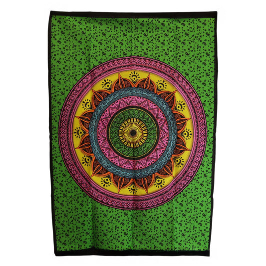 Vibrant colourful mandala wall hanging made of cotton with intricate patterns in green, pink, and orange.