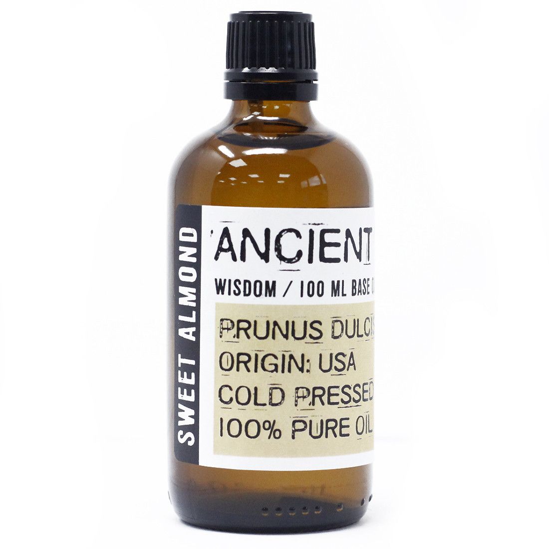 Clear bottle of pure sweet almond carrier oil showing the light golden liquid texture for skincare and aromatherapy.