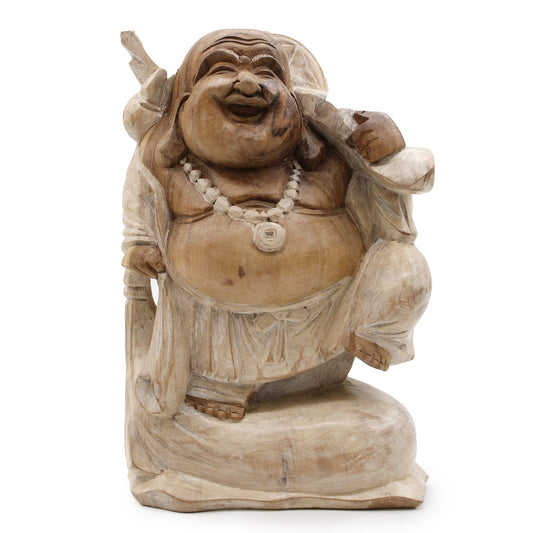 Large hand-carved wooden Happy Buddha statue with a distressed whitewash finish and a joyful expression.