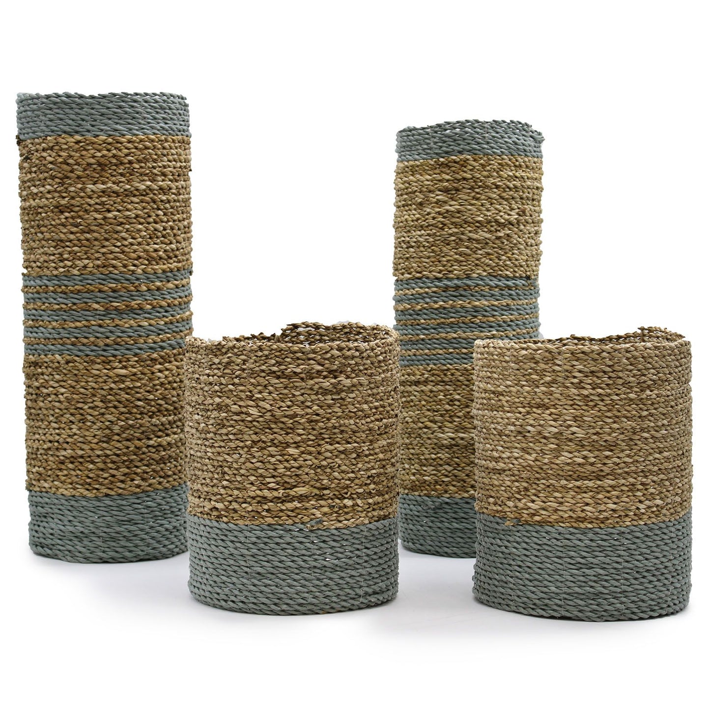 Handwoven seagrass and abu-abu raffia storage set featuring two tall vases and two matching decorative bins.
