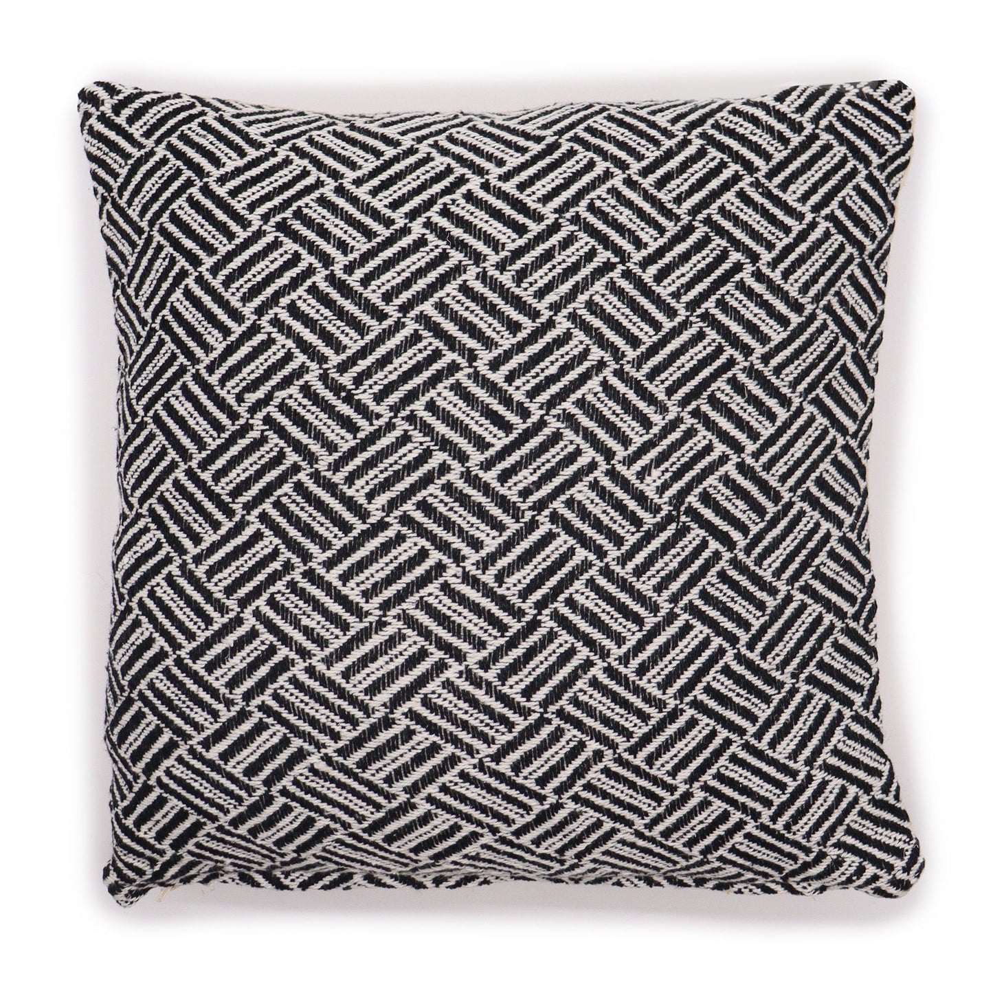 Square black cotton cushion cover featuring a white geometric criss-cross pattern with traditional Indian design elements.