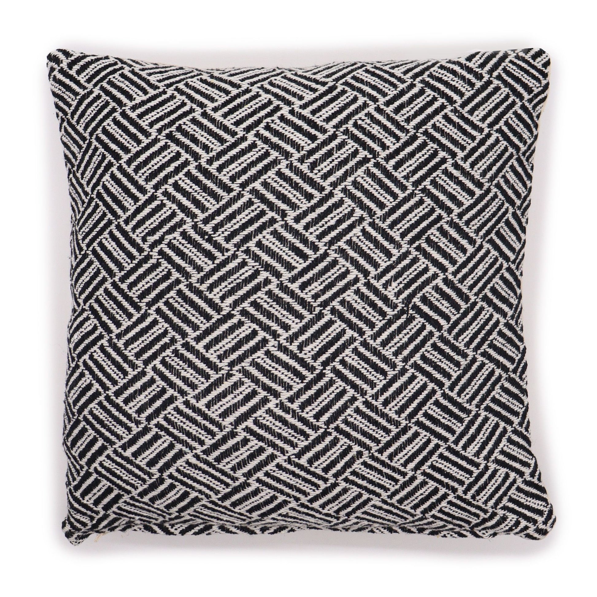 Square black cotton cushion cover featuring a white geometric criss-cross pattern with traditional Indian design elements.