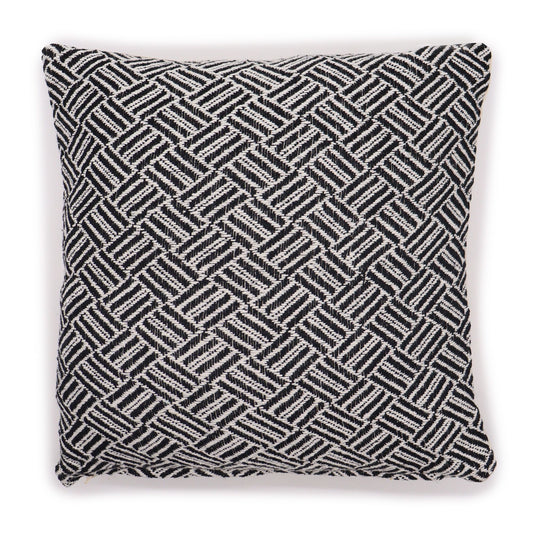 Square black cotton cushion cover featuring a white geometric criss-cross pattern with traditional Indian design elements.