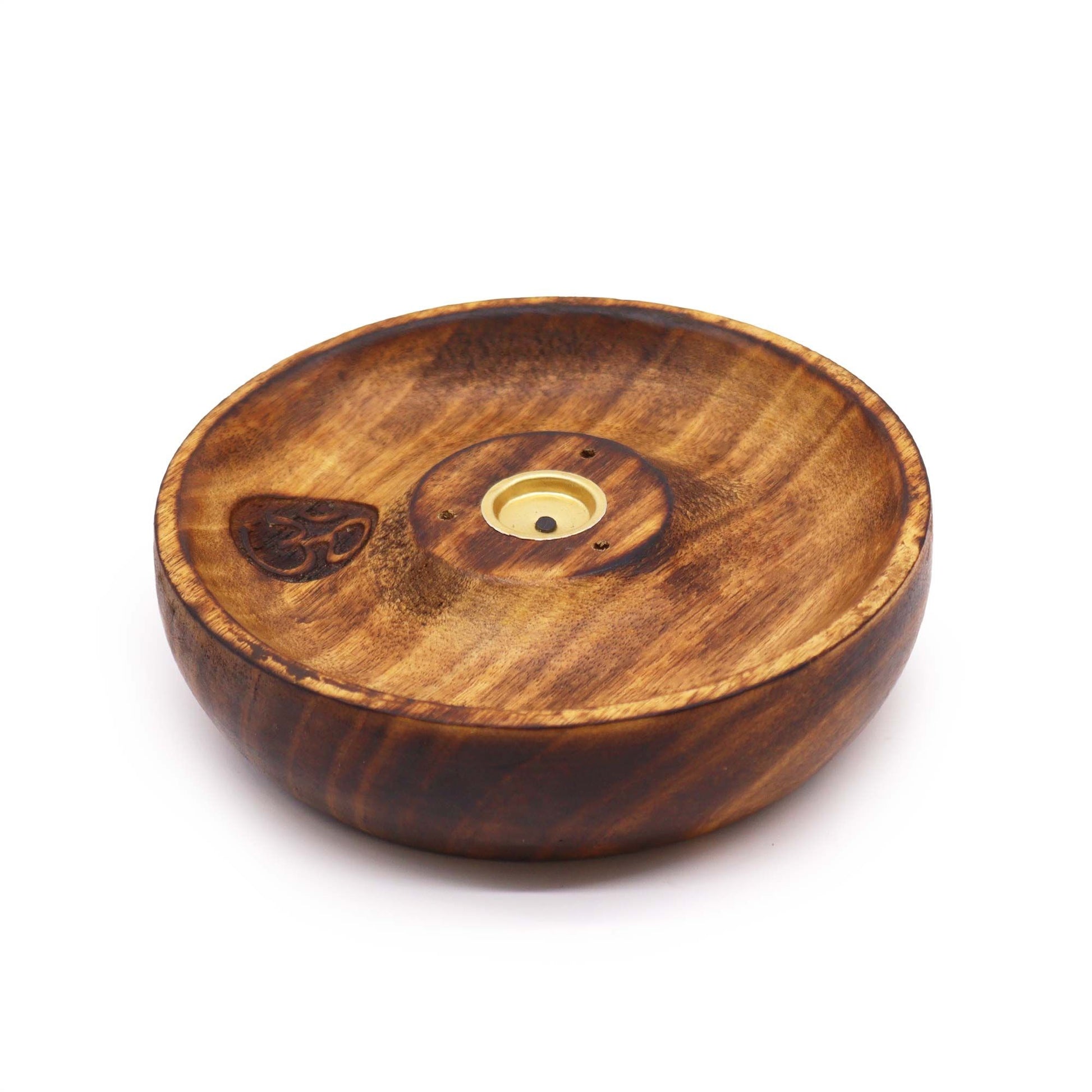 Circular wooden incense burner disc featuring a central Om symbol with holes for incense sticks and cones.