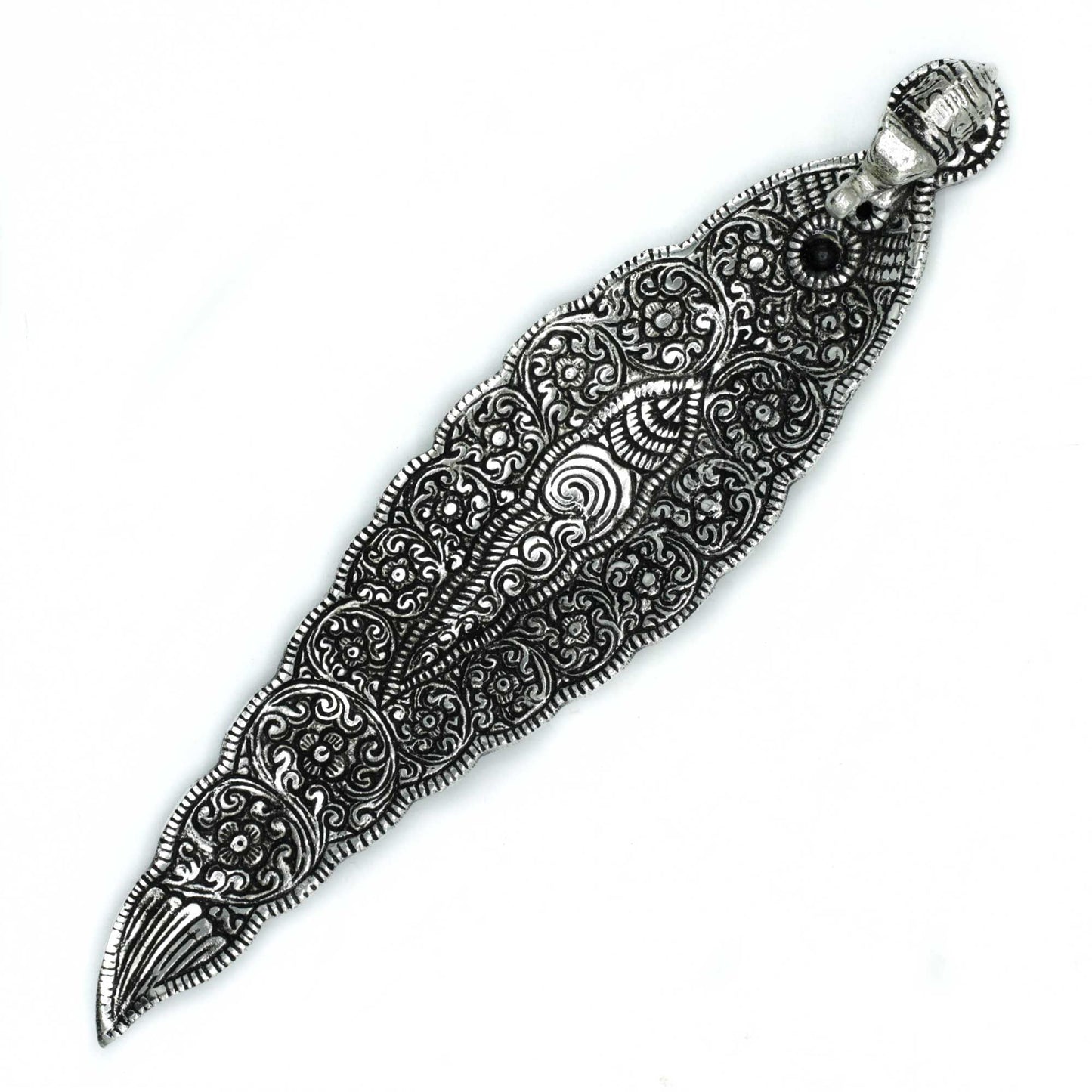 Sleek 20cm long polished aluminium incense holder featuring a small decorative elephant on a minimalist silver base.