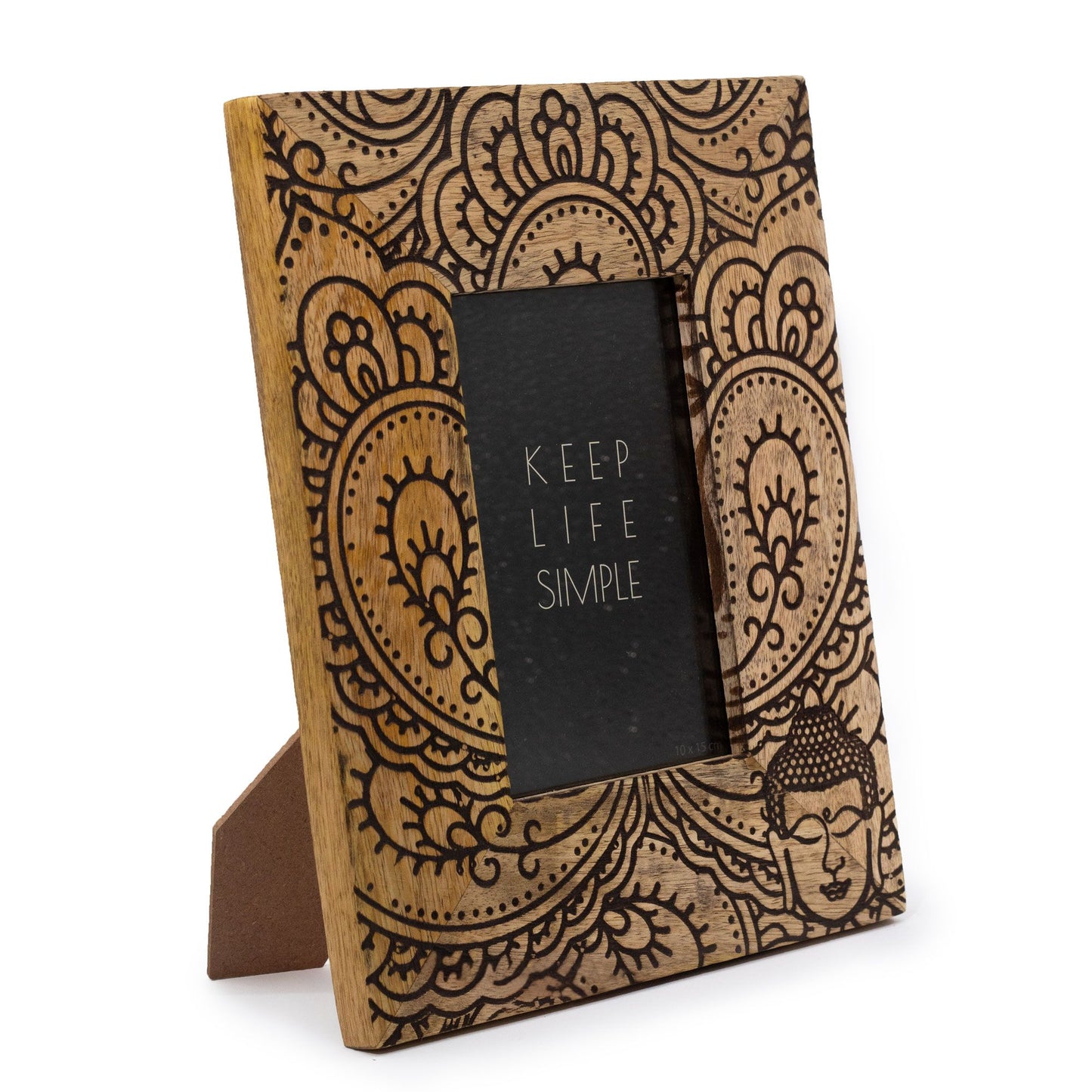 Hand-carved black mango wood picture frame featuring a serene Buddha motif and traditional floral patterns.