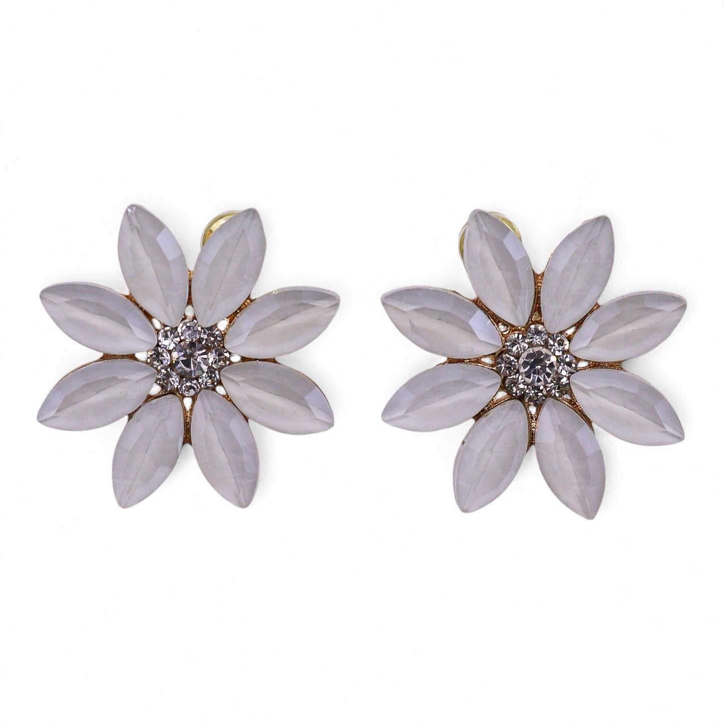 Delicate vintage-style glass flower earrings with soft pearl centres on polished stainless steel hooks.